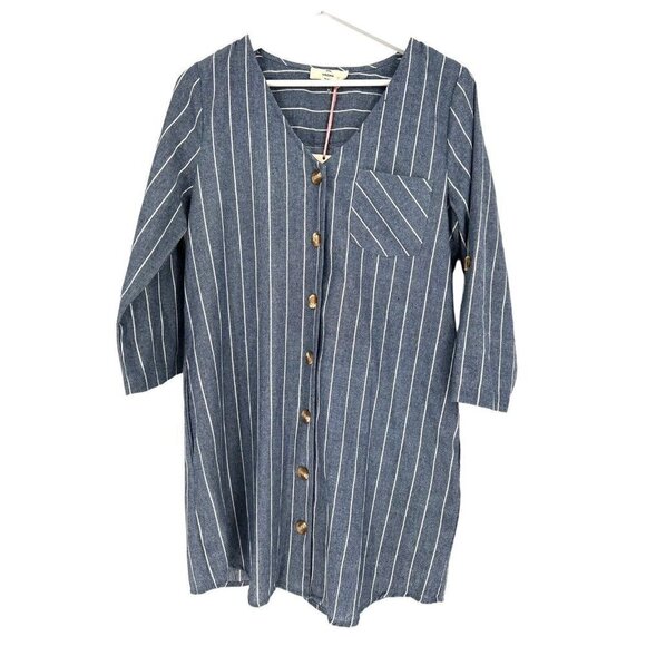 Entro Button Front Sheath‎ Dress Size M Blue White Striped Chambray Roll Tab - Picture 1 of 16